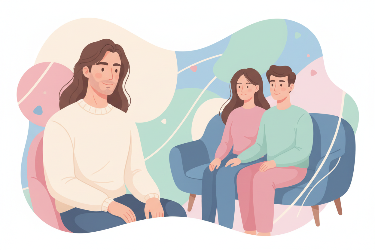 Der Paartherapeut soll Haare haben, die etwa bis zur Schulter reichen. Der Rest des Bildes passt.